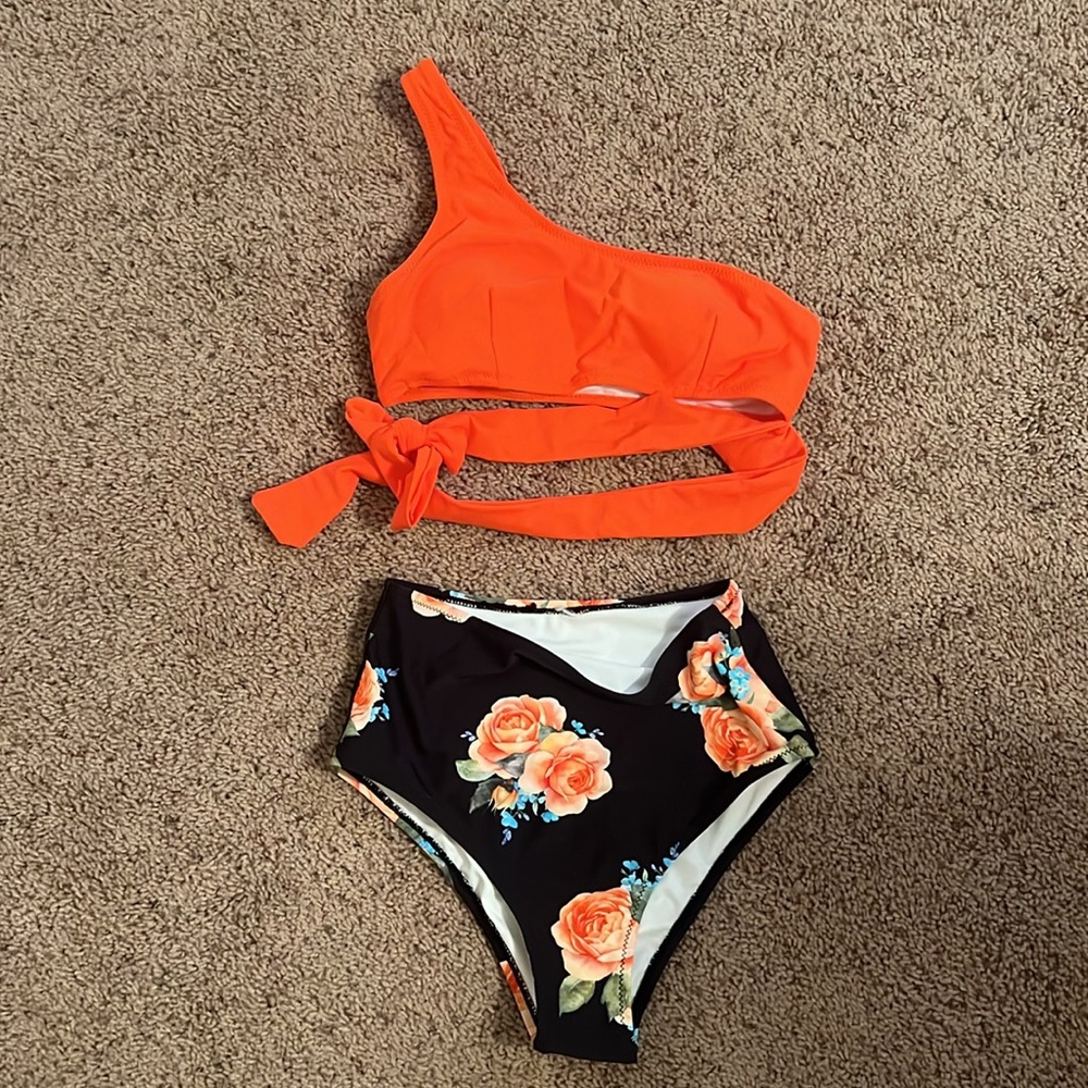 Cupshe Orange Floral One Shoulder Tied High-Waisted Bikini Set